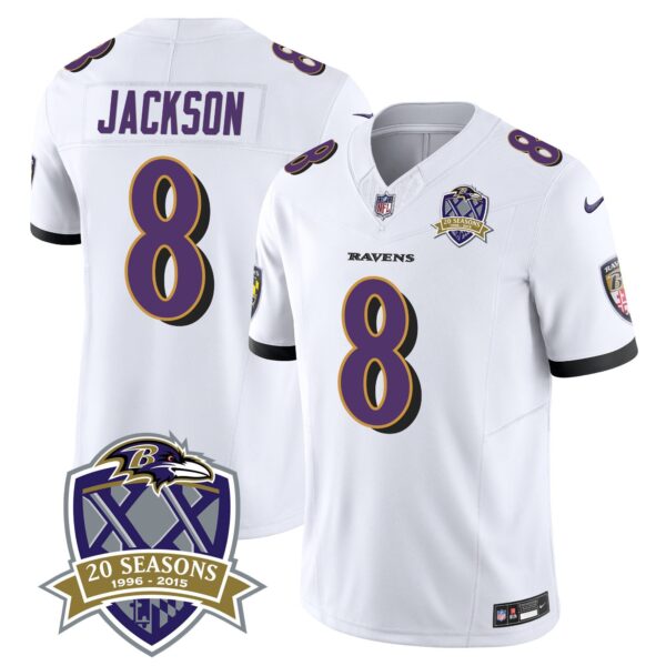 Ravens 20th Season Patch Vapor Limited Jersey – All Stitched – White – Lamar Jackson Jersey
