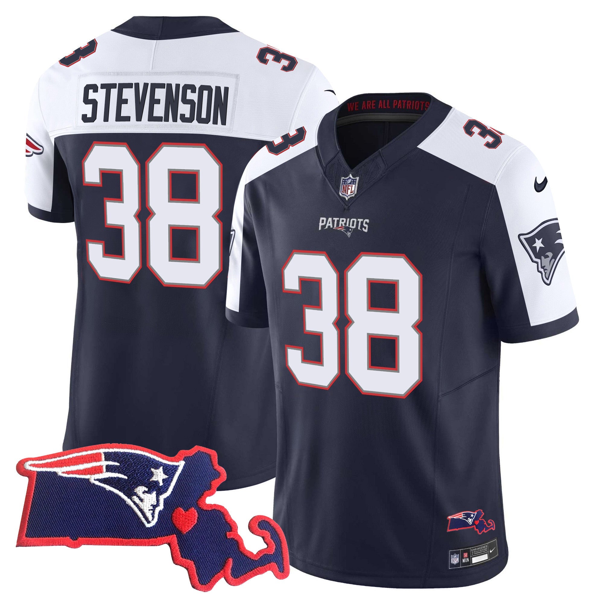 Patriots Massachusetts Patch Vapor Jersey – All Stitched – Alternate – Rhamondre Stevenson Jersey
