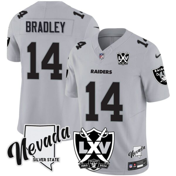 Raiders 2024 Vapor Limited Jersey – 65th Anniversary – All Stitched – Silver – Carter Bradley – 14 Jersey