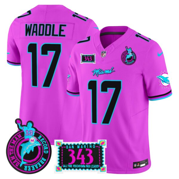 Dolphins Dan the Man Record Breaker Patch Vapor Limited Jersey – All Stitched – Pink – Jaylen Waddle Jersey