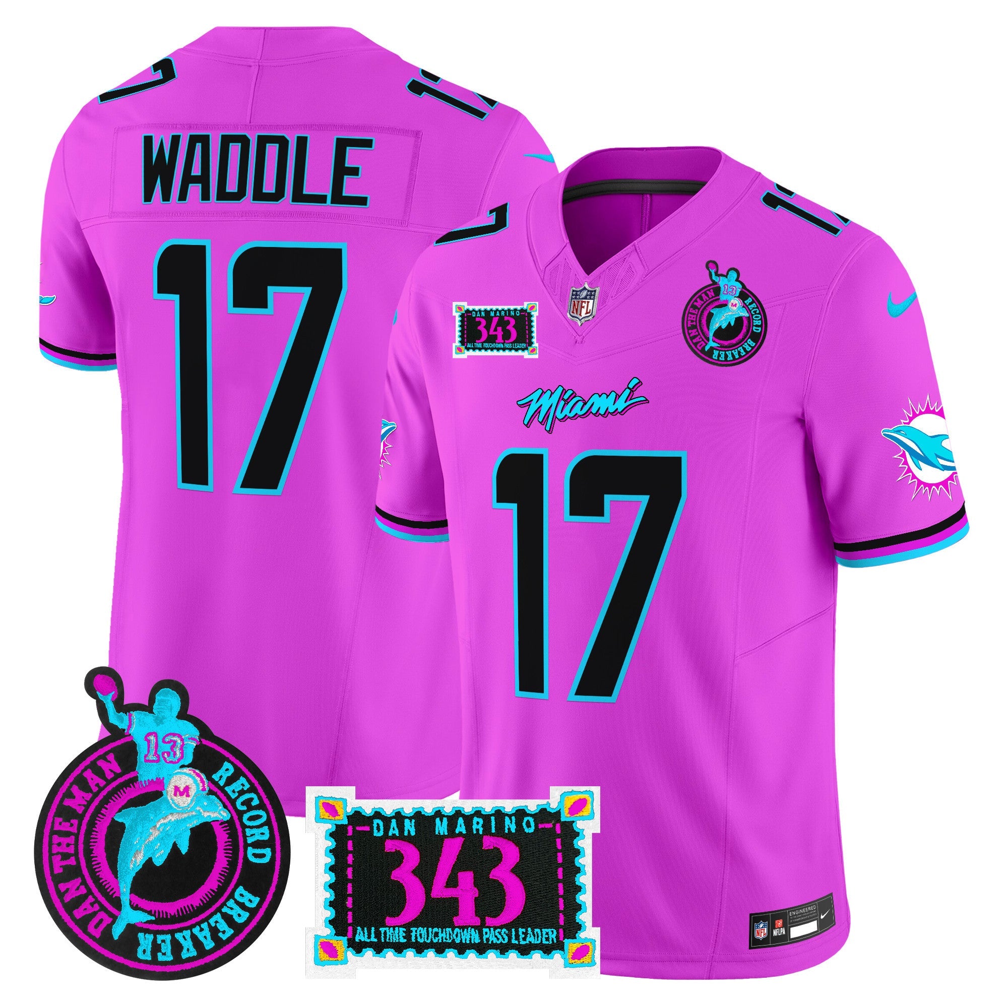 Dolphins Dan the Man Record Breaker Patch Vapor Limited Jersey – All Stitched – Pink – Jaylen Waddle Jersey