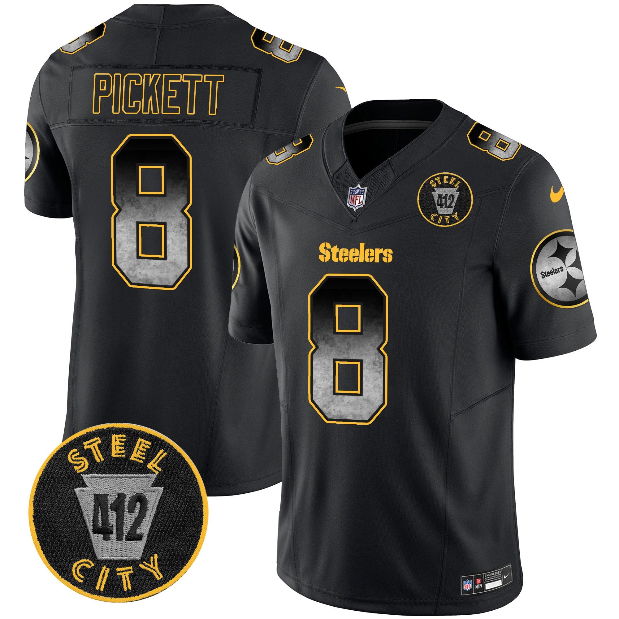 Steelers Arch Smoke 412 Patch Vapor Limited Jersey – All Stitched – Black – Kenny Pickett Jersey