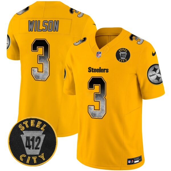 Steelers Arch Smoke 412 Patch Vapor Limited Jersey – All Stitched – Gold – Russell Wilson Jersey