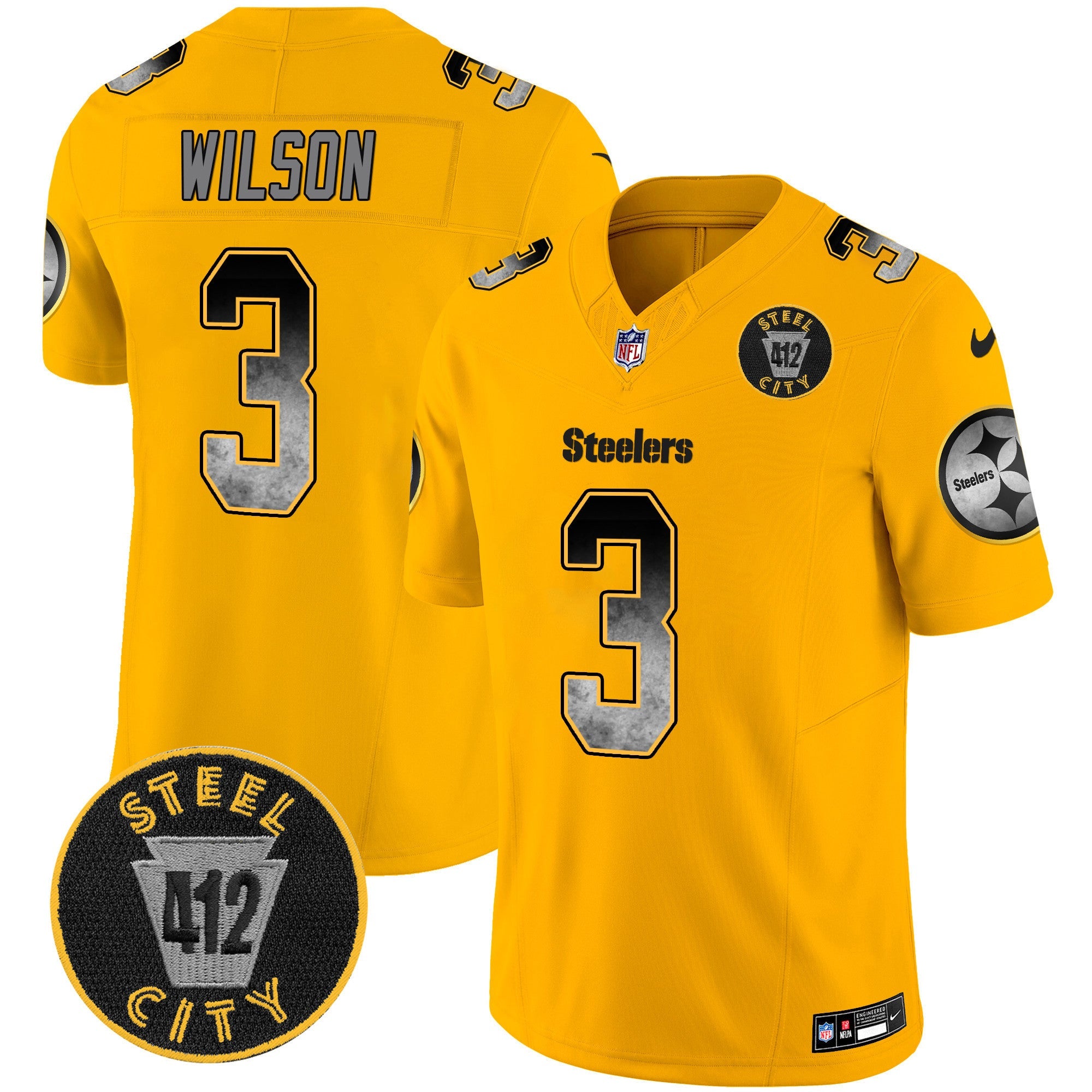 Steelers Arch Smoke 412 Patch Vapor Limited Jersey – All Stitched – Gold – Russell Wilson Jersey
