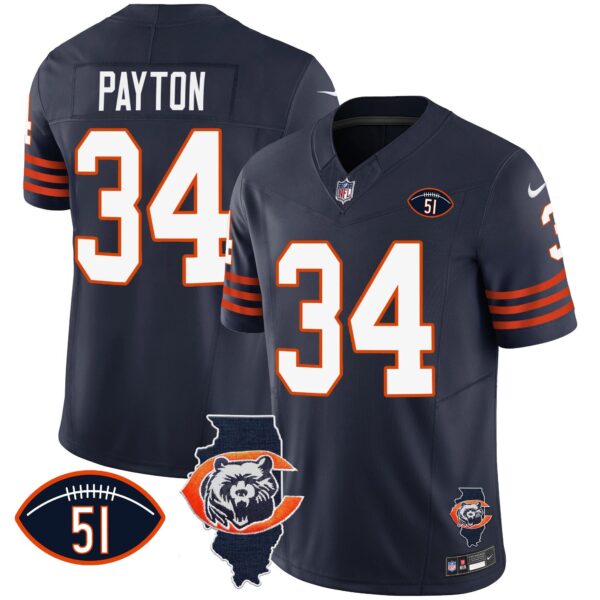 Bears Throwback Illinois Patch Vapor Jersey – All Stitched – Navy – Walter Payton Jersey