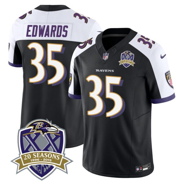 Ravens 20th Season Patch Vapor Limited Jersey – All Stitched – Black Alternate – Gus Edwards Jersey