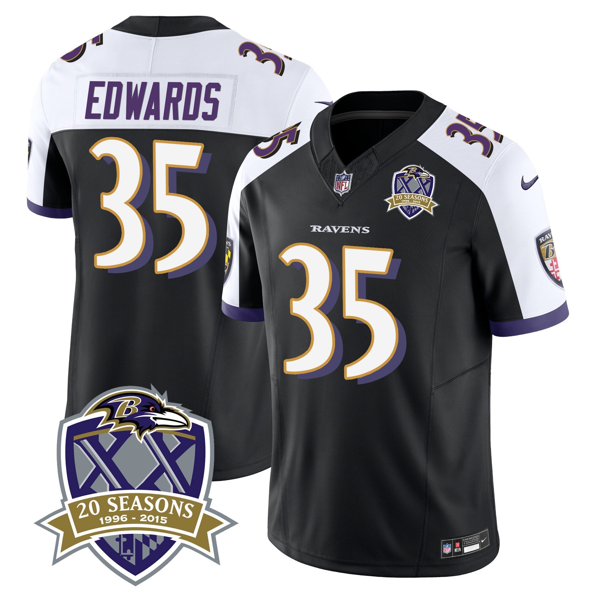 Ravens 20th Season Patch Vapor Limited Jersey – All Stitched – Black Alternate – Gus Edwards Jersey