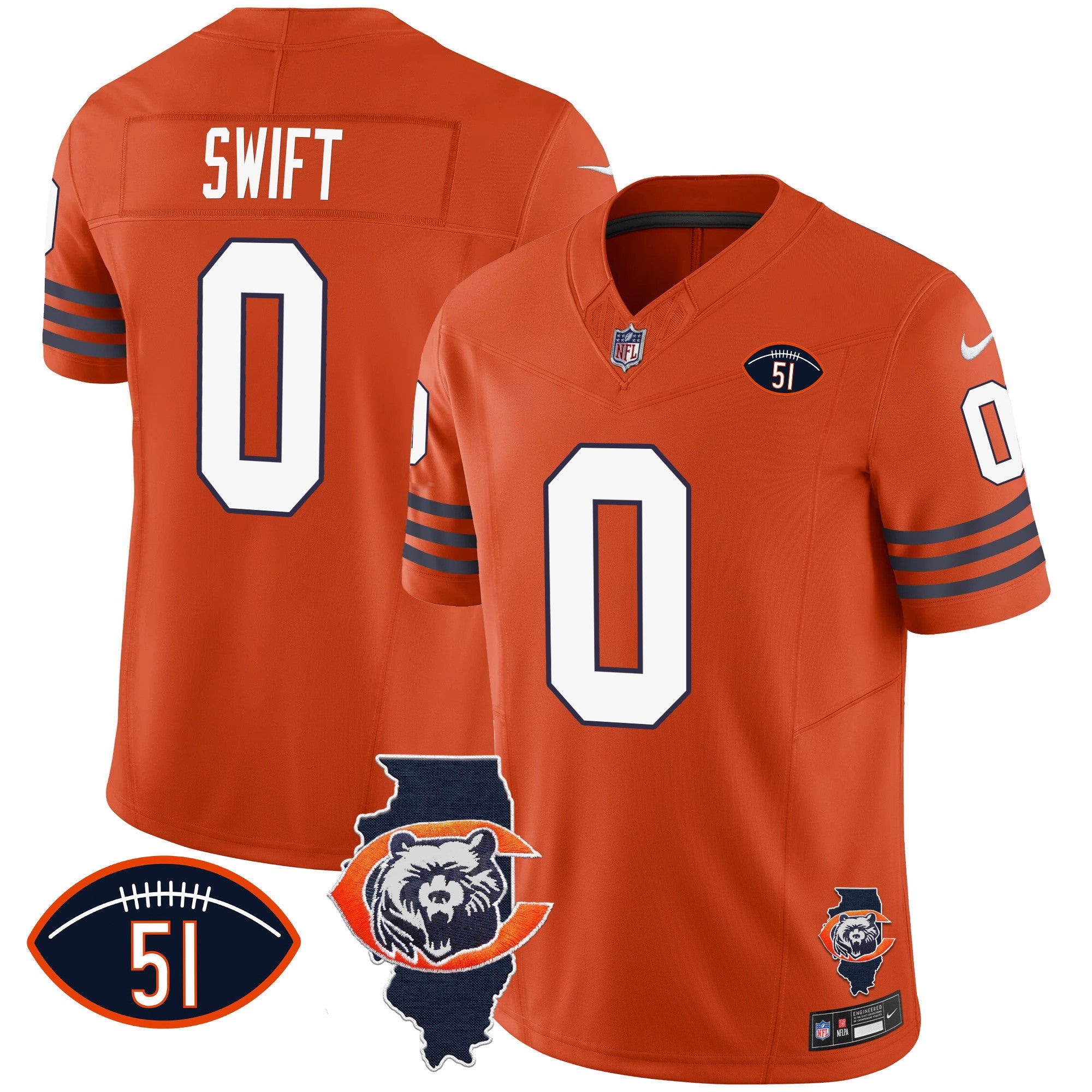 Bears Throwback Illinois Patch Vapor Jersey – All Stitched – Orange – D’Andre Swift Jersey
