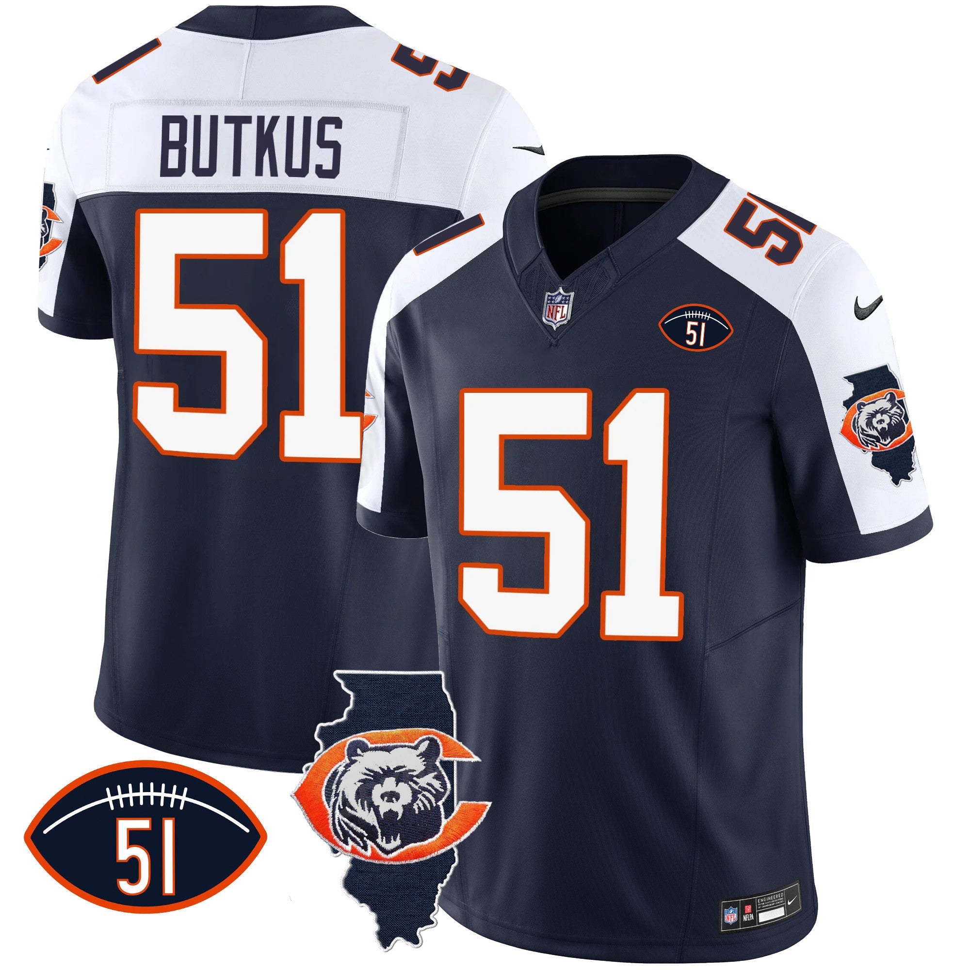 Bears Throwback Illinois Patch Vapor Jersey – All Stitched – Navy Alternate – Dick Butkus Jersey