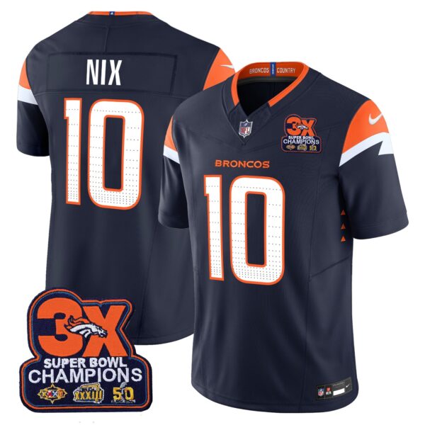 Denver Broncos 3-Time Champions Patch Vapor Limited Jersey – All Stitched – Navy – Bo Nix Jersey
