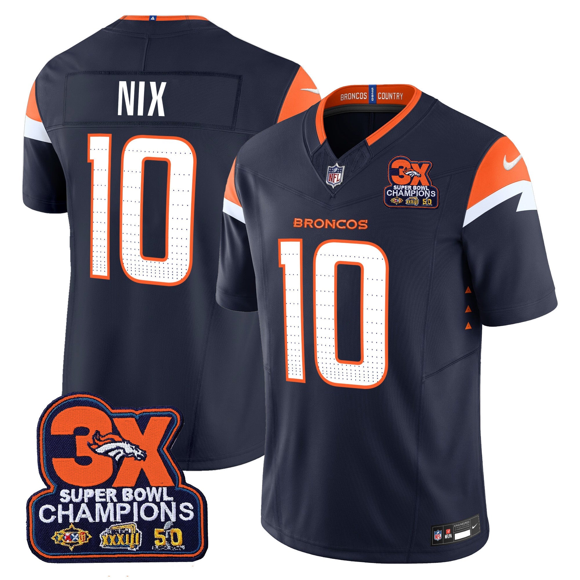 Denver Broncos 3-Time Champions Patch Vapor Limited Jersey – All Stitched – Navy – Bo Nix Jersey