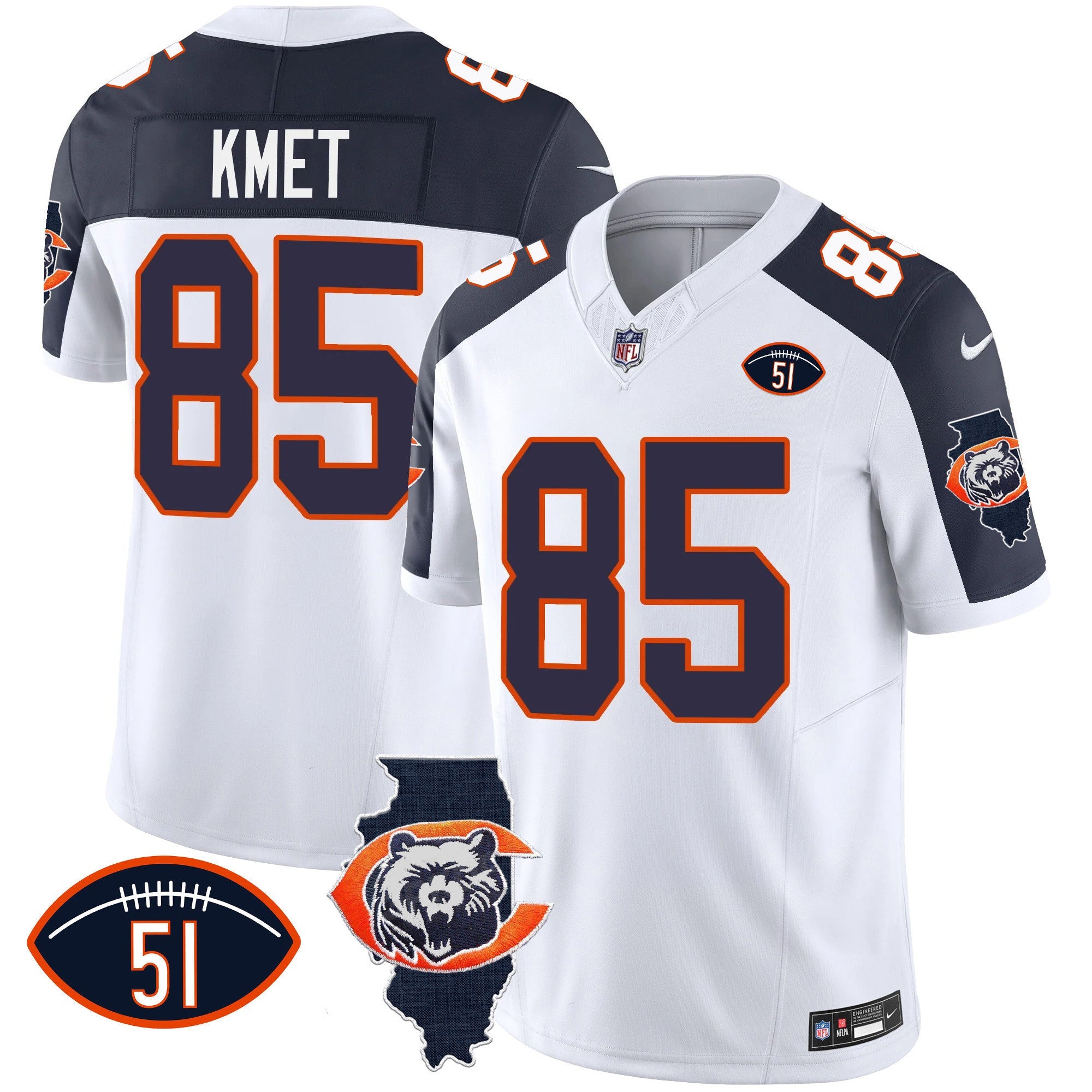 Bears Throwback Illinois Patch Vapor Jersey – All Stitched – Inverted – Cole Kmet Jersey