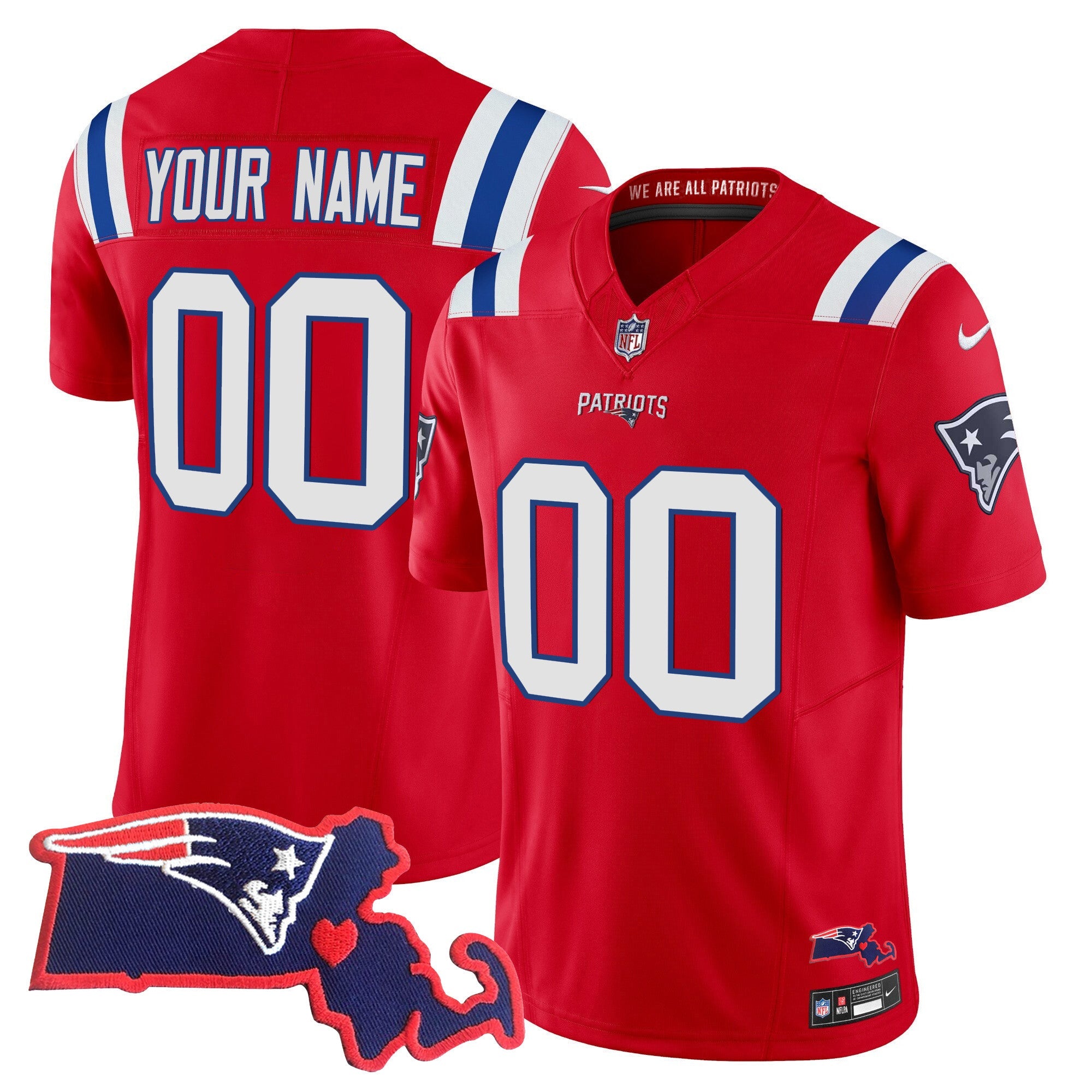 Patriots Massachusetts Patch Vapor Custom Jersey – All Stitched – Red Jersey