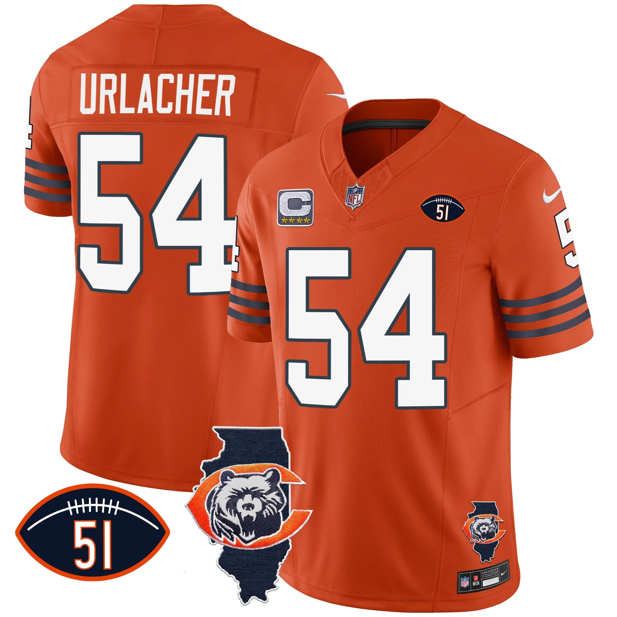 Bears Throwback Illinois Patch Vapor Jersey – All Stitched – Orange – Brian Urlacher Jersey