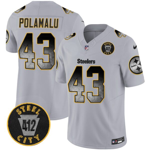 Steelers Arch Smoke 412 Patch Vapor Limited Jersey – All Stitched – Gray – Troy Polamalu Jersey