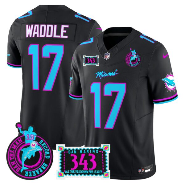 Dolphins Dan the Man Record Breaker Patch Vapor Limited Jersey – All Stitched – Black – Jaylen Waddle Jersey