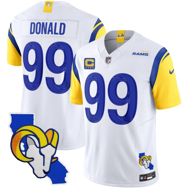 Rams California Patch Vapor Limited Jersey – All Stitched – White – Aaron Donald Jersey