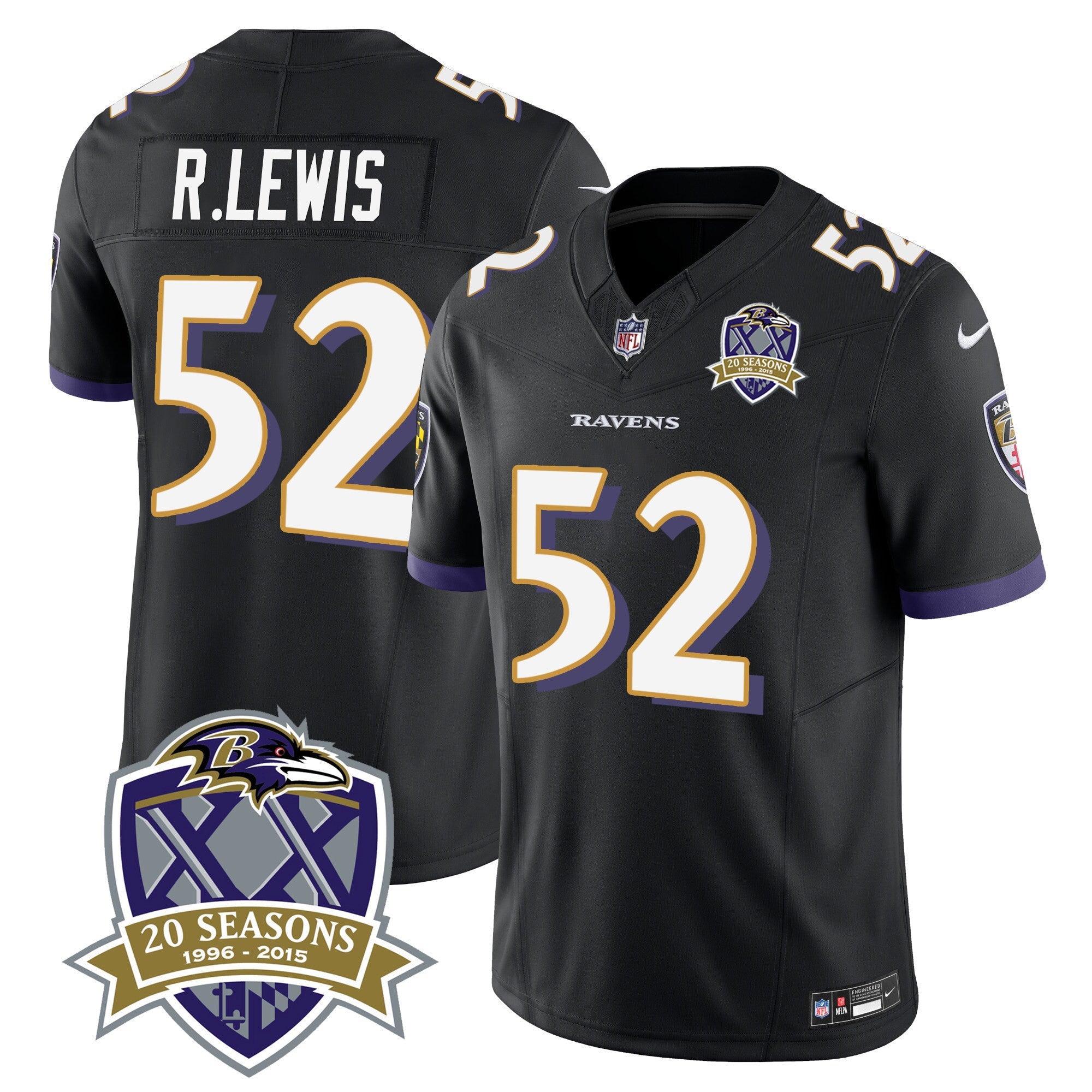 Ravens 20th Season Patch Vapor Limited Jersey – All Stitched – Black – Ray Lewis Jersey