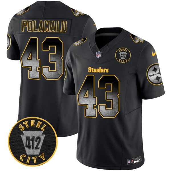 Steelers Arch Smoke 412 Patch Vapor Limited Jersey – All Stitched – Black – Troy Polamalu Jersey