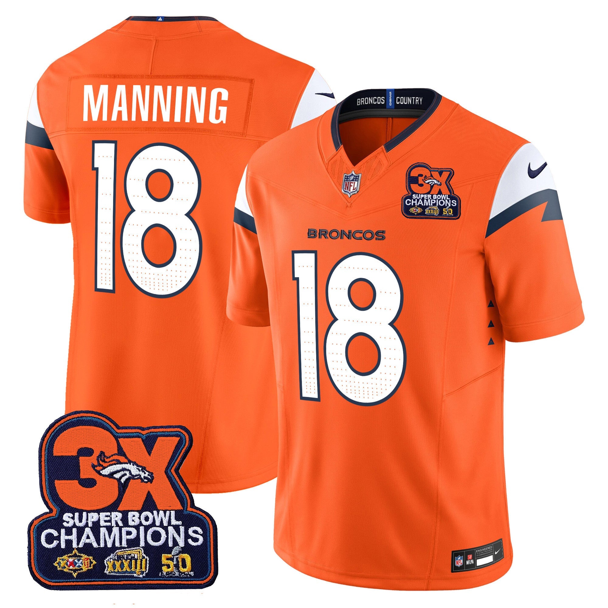Denver Broncos 3-Time Champions Patch Vapor Limited Jersey – All Stitched – Orange – Peyton Manning Jersey