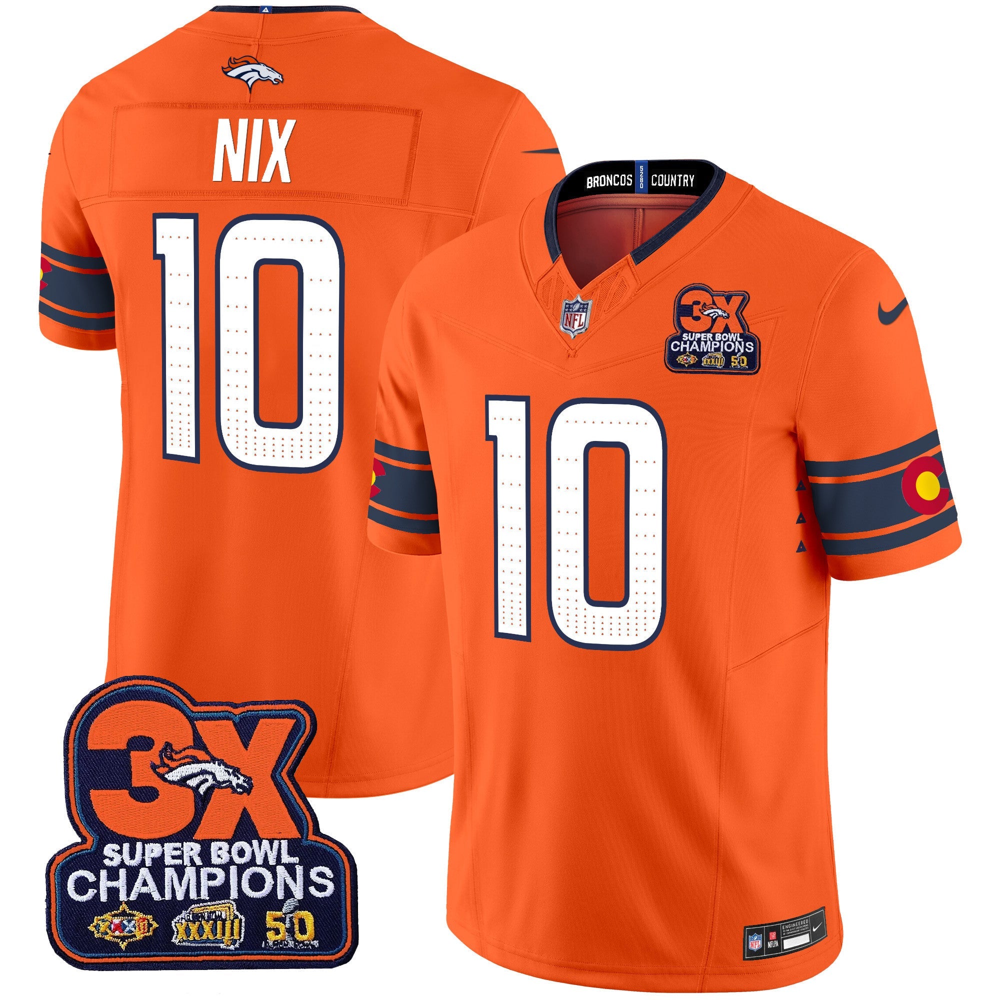Denver Broncos 3x Patch Colorado Flag Vapor Limited Jersey – All Stitched – Orange – Bo Nix Jersey