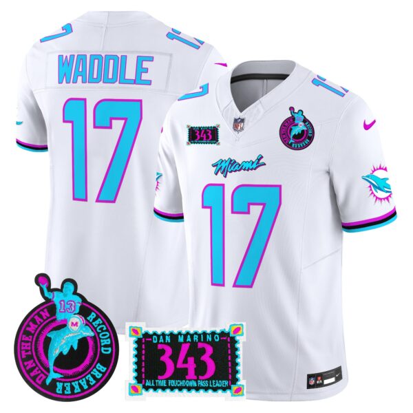 Dolphins Dan the Man Record Breaker Patch Vapor Limited Jersey – All Stitched – White – Jaylen Waddle Jersey