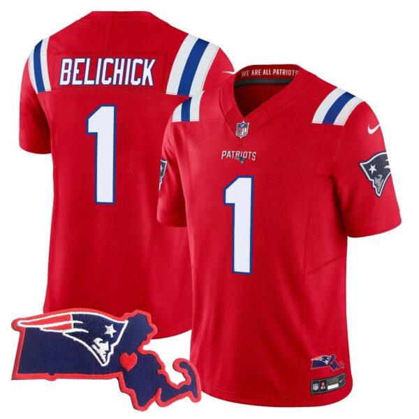 Patriots Massachusetts Patch Vapor Jersey – All Stitched – Red – Bill Belichick Jersey
