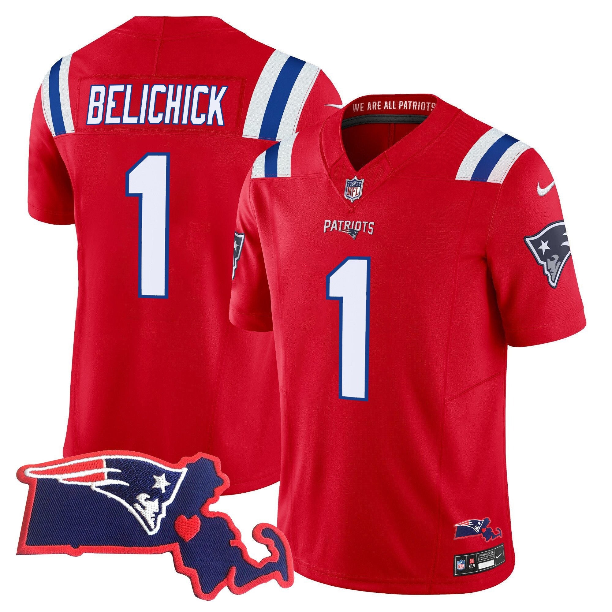 Patriots Massachusetts Patch Vapor Jersey – All Stitched – Red – Bill Belichick Jersey