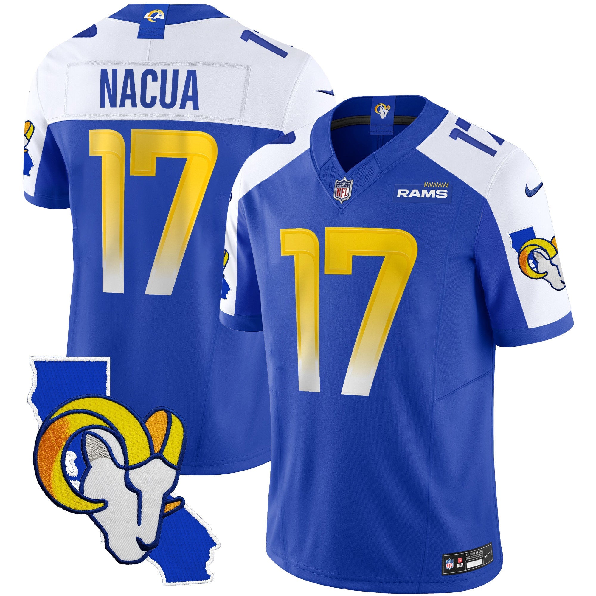 Rams California Patch Vapor Limited Jersey – All Stitched – Royal Alternate – Puka Nacua Jersey