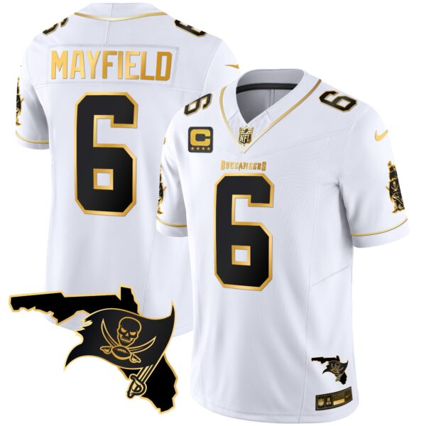 Buccaneers Florida Patch Vapor Gold Jersey – All Stitched – White Gold – Baker Mayfield Jersey