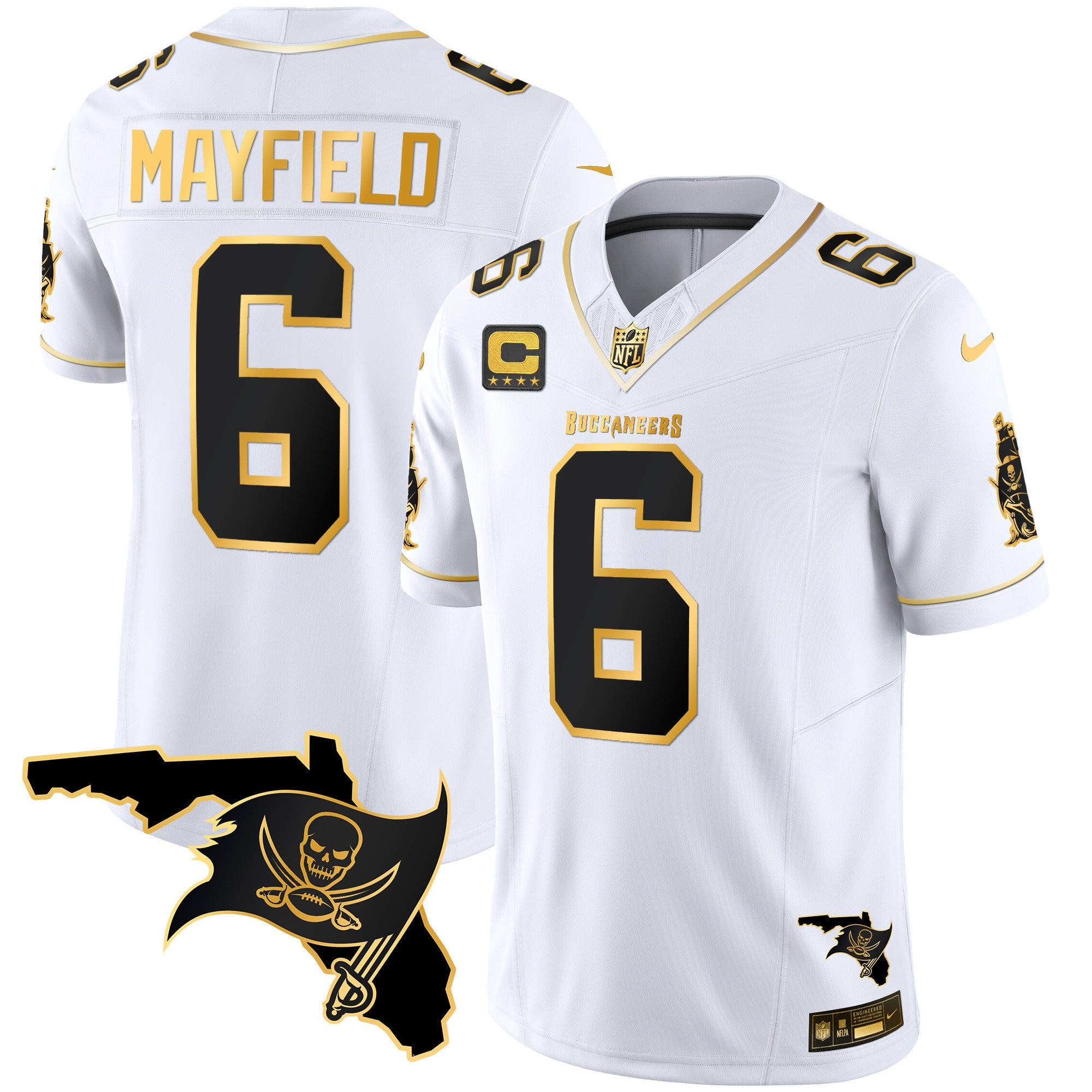 Buccaneers Florida Patch Vapor Gold Jersey – All Stitched – White Gold – Baker Mayfield Jersey