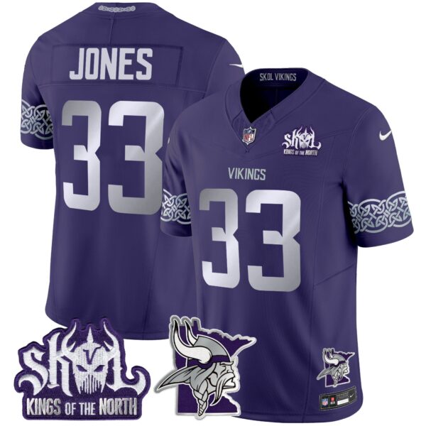 Minnesota Vikings 2024 Winter Warrior Skol Patch Vapor Limited Jersey V2 – All Stitched – Purple – Aaron Jones Jersey