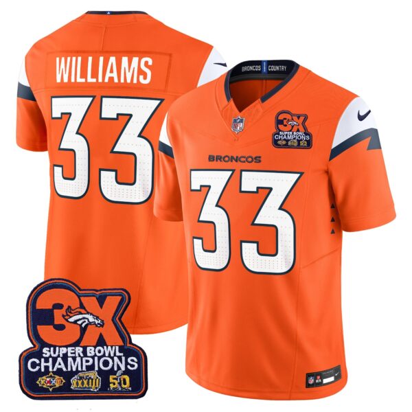 Denver Broncos 3-Time Champions Patch Vapor Limited Jersey – All Stitched – Orange – Javonte Williams Jersey