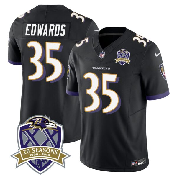 Ravens 20th Season Patch Vapor Limited Jersey – All Stitched – Black – Gus Edwards Jersey