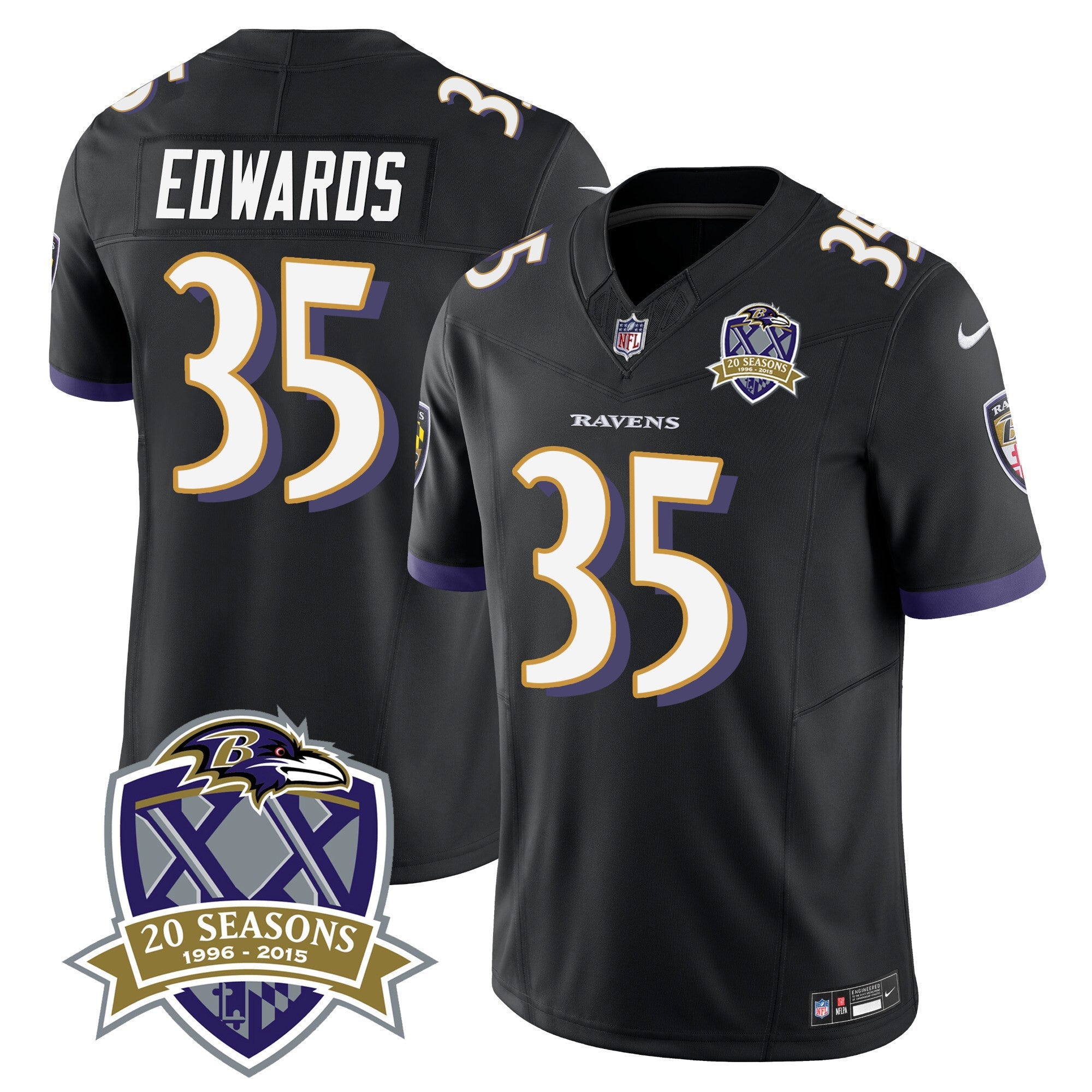 Ravens 20th Season Patch Vapor Limited Jersey – All Stitched – Black – Gus Edwards Jersey