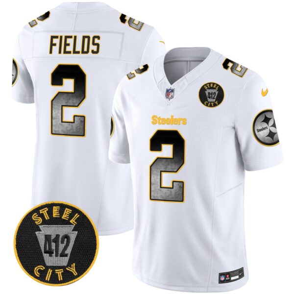 Steelers Arch Smoke 412 Patch Vapor Limited Jersey – All Stitched – White – Justin Fields Jersey