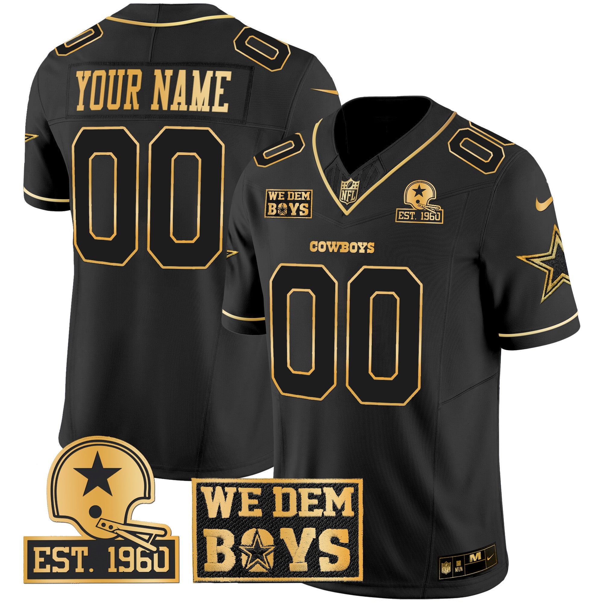 Cowboys Est. 1960 & We Dem Boyz Patch Gold Vapor Limited Custom Jersey – All Stitched – Black Gold Jersey