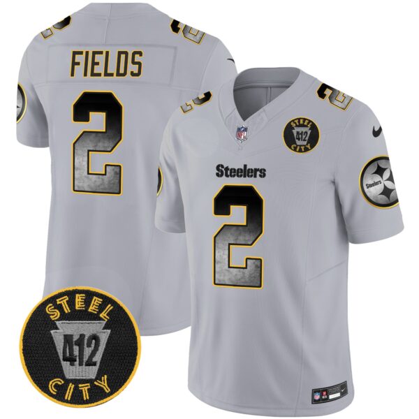 Steelers Arch Smoke 412 Patch Vapor Limited Jersey – All Stitched – Gray – Justin Fields Jersey