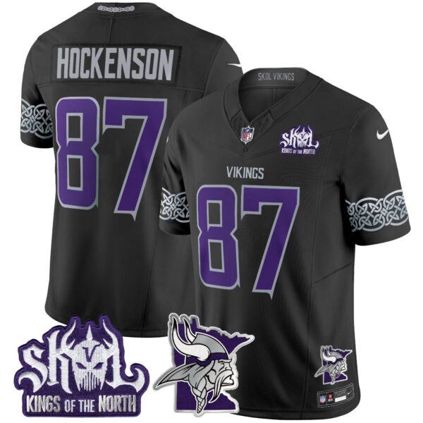 Minnesota Vikings 2024 Winter Warrior Skol Patch Vapor Limited Jersey V2 – All Stitched – Black – T.J. Hockenson Jersey