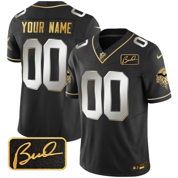 Vikings Bud Grant Patch Gold Limited Custom Jersey V2 – All Stitched – Black Limited Jersey