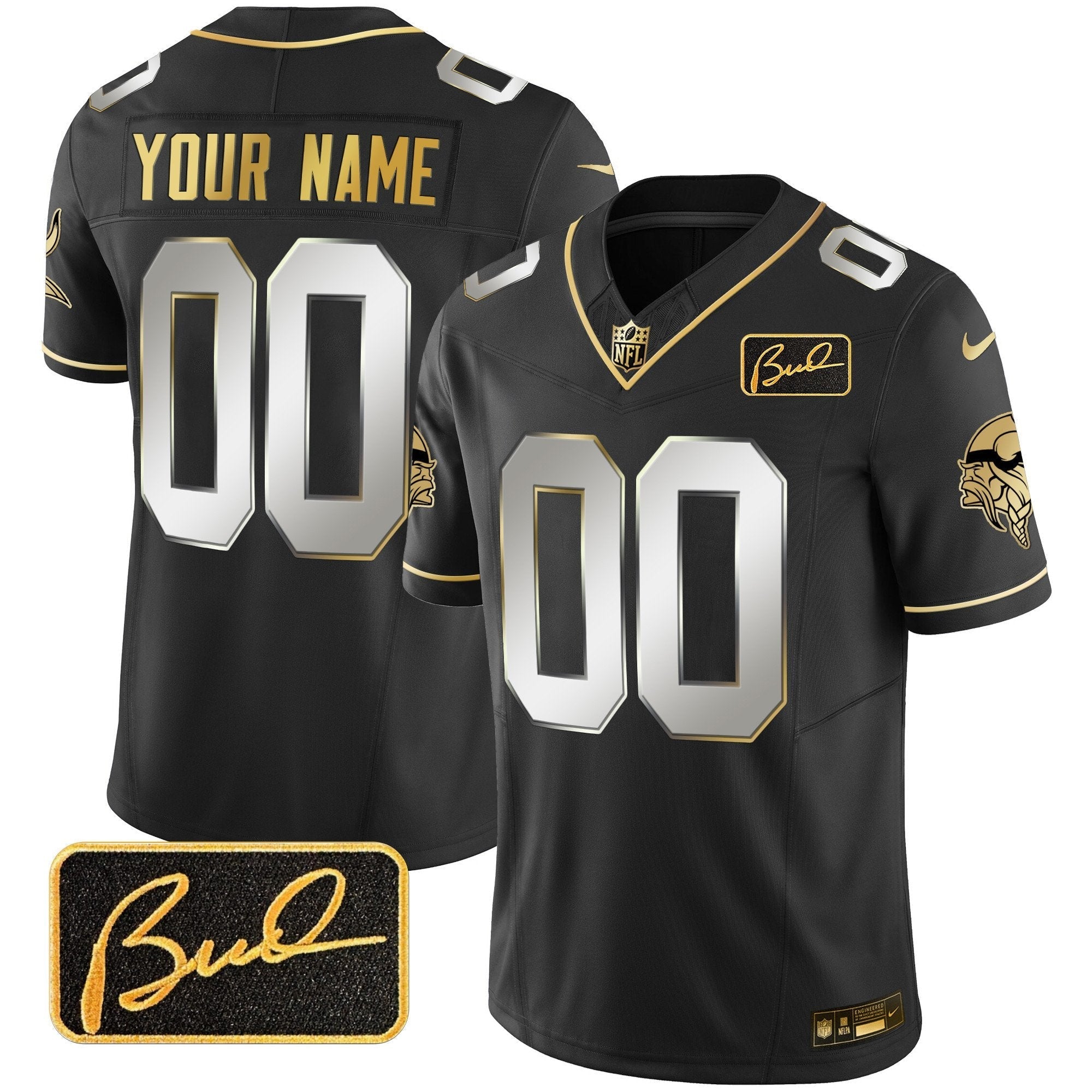 Vikings Bud Grant Patch Gold Limited Custom Jersey V2 – All Stitched – Black Limited Jersey
