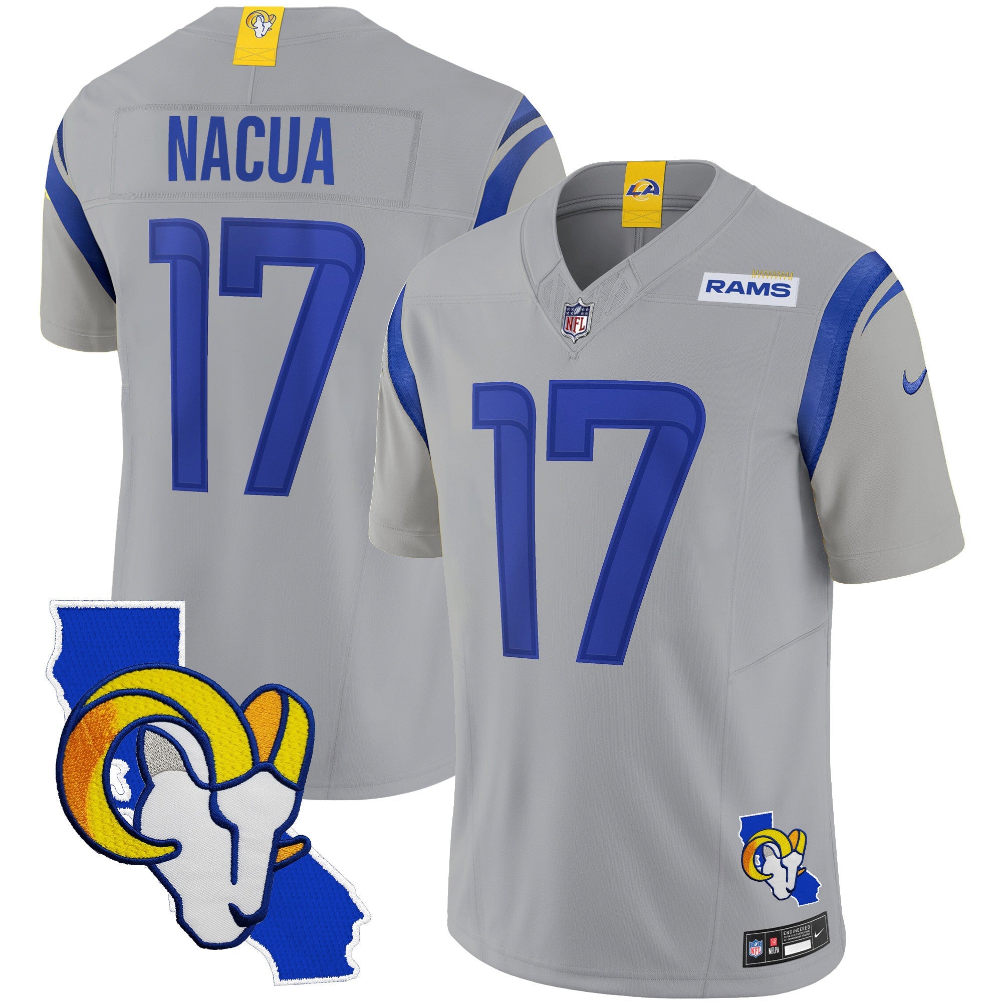 Rams California Patch Vapor Limited Jersey – All Stitched – Gray – Puka Nacua Jersey