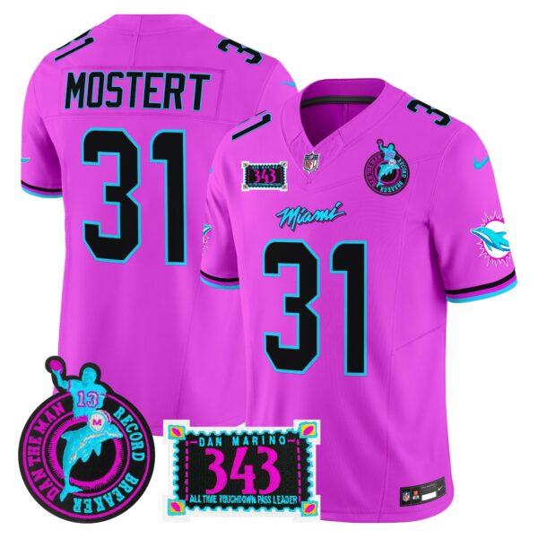 Dolphins Dan the Man Record Breaker Patch Vapor Limited Jersey – All Stitched – Pink – Raheem Mostert Jersey