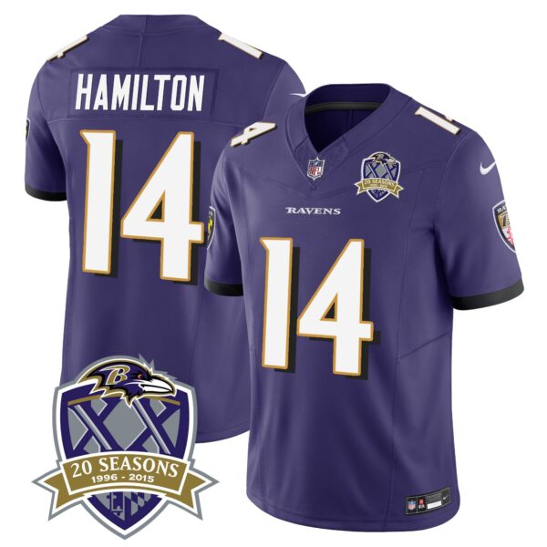 Ravens 20th Season Patch Vapor Limited Jersey – All Stitched – Purple – Kyle Hamilton Jersey