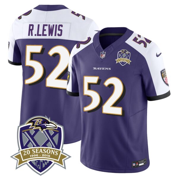 Ravens 20th Season Patch Vapor Limited Jersey – All Stitched – Purple Alternate – Ray Lewis Jersey