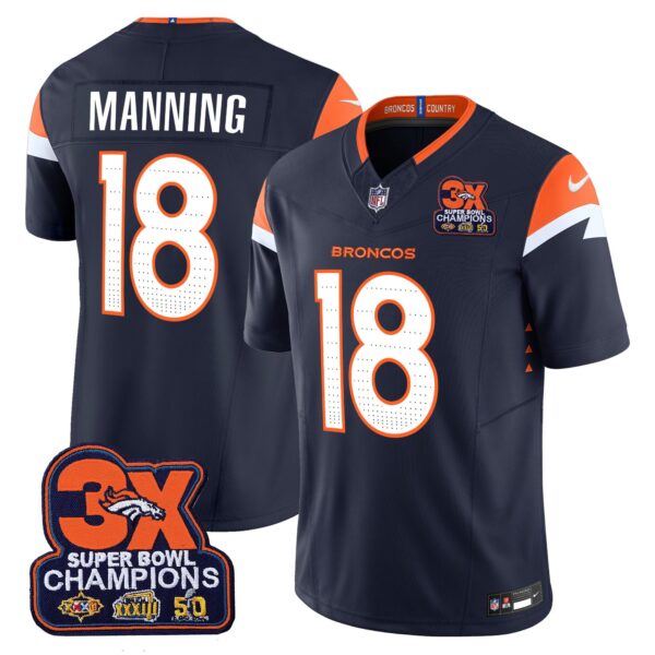 Denver Broncos 3-Time Champions Patch Vapor Limited Jersey – All Stitched – Navy – Peyton Manning Jersey