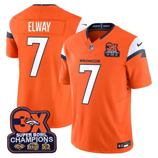Denver Broncos 3-Time Champions Patch Vapor Limited Jersey – All Stitched – Orange – John Elway Jersey