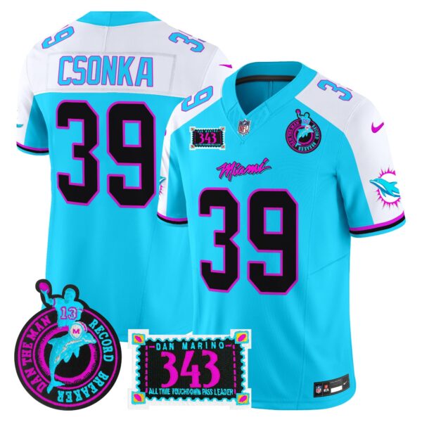 Dolphins Dan the Man Record Breaker Patch Vapor Limited Jersey – All Stitched – Aqua Alternate – Larry Csonka Jersey