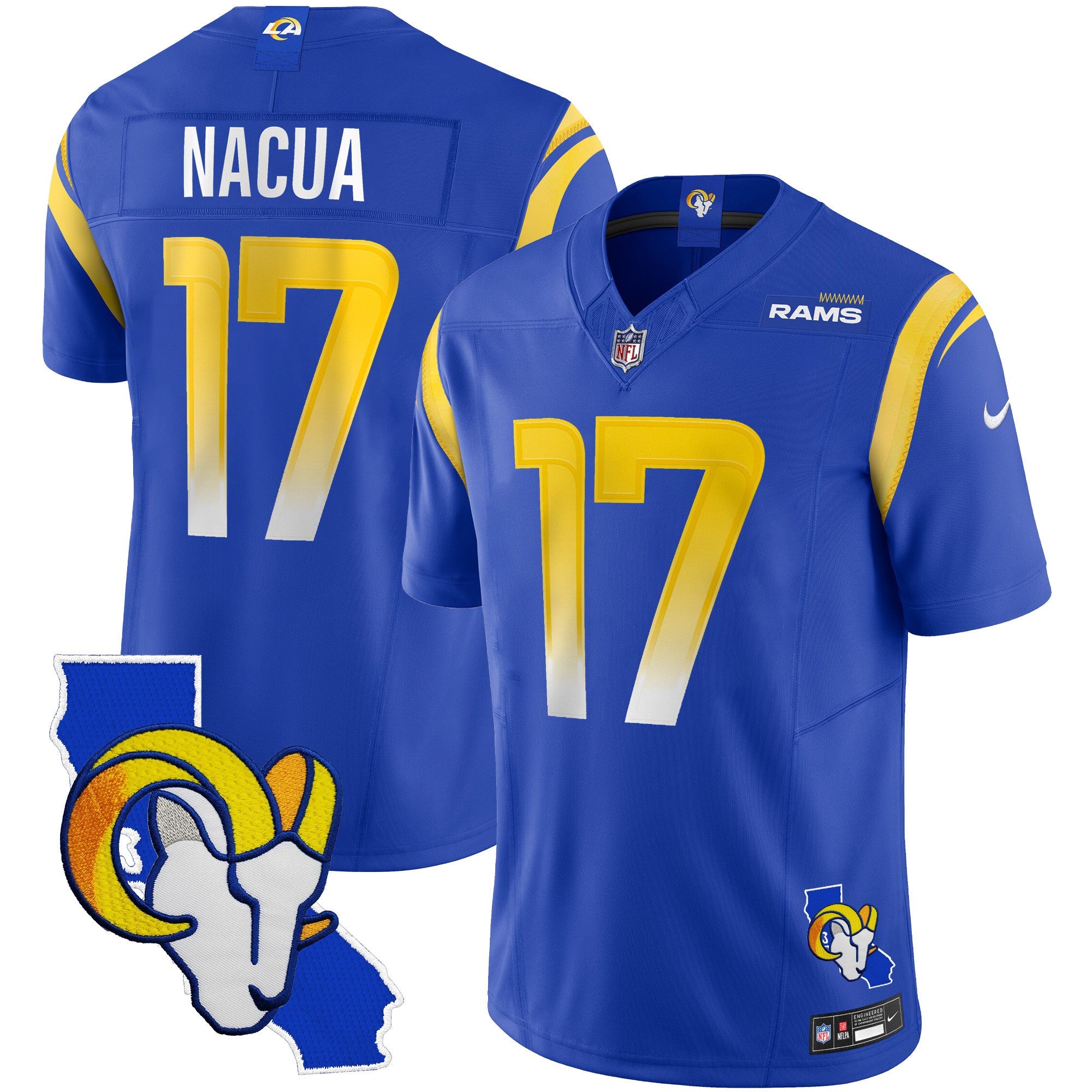 Rams California Patch Vapor Limited Jersey – All Stitched – Royal – Puka Nacua Jersey