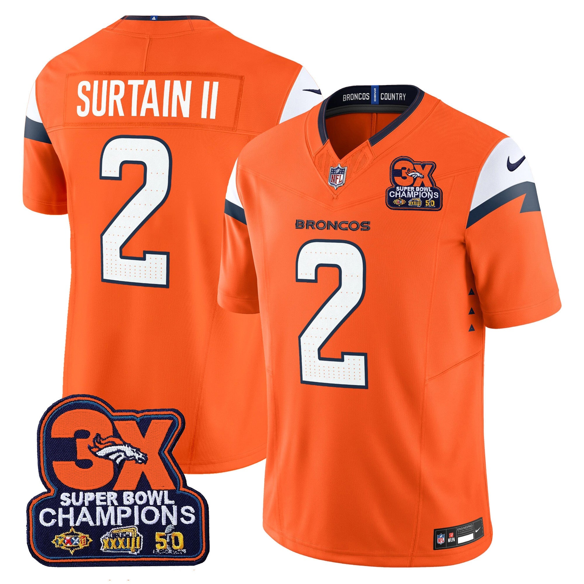 Denver Broncos 3-Time Champions Patch Vapor Limited Jersey – All Stitched – Orange – Patrick Surtain II Jersey